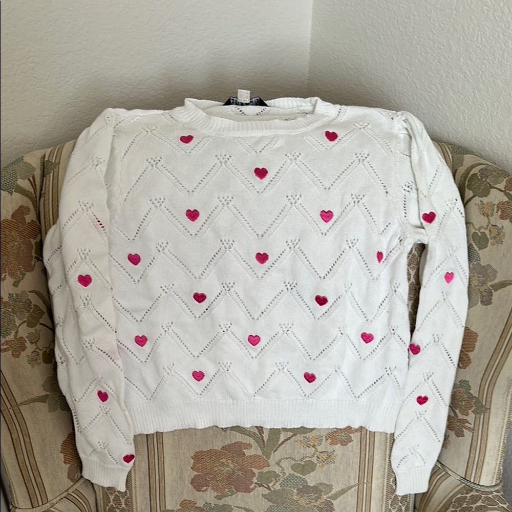 White Sweater with Pink Heart Accents